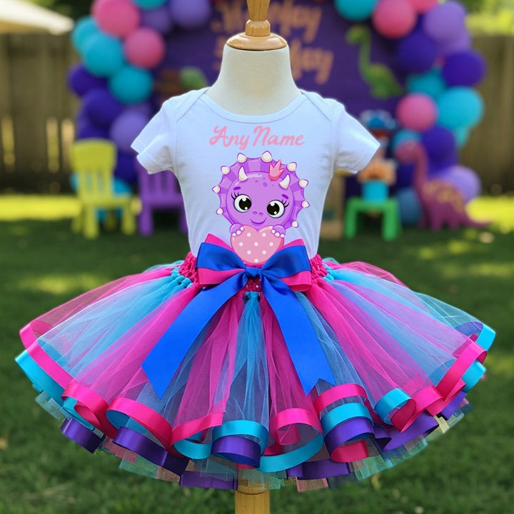 All Sizes Cute Little Purple Dinosaur Custom Personalized Name Pink Blue Purple Ribbon Sewn Tutu Outfit Set Dress