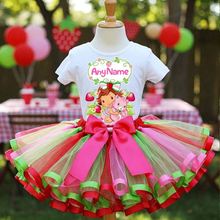All Sizes Strawberry Shortcake Baby Custom Personalized Name Red Pink Green Ribbon Sewn Tutu Outfit Set Dress