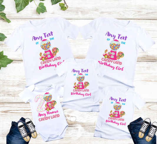 All Sizes Candyland Gumball Custom Personalized Family Birthday Matching White T-Shirt Pack