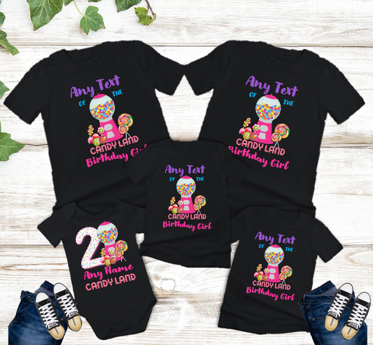All Sizes Candyland Gumball Custom Personalized Family Birthday Matching Black T-Shirt Pack