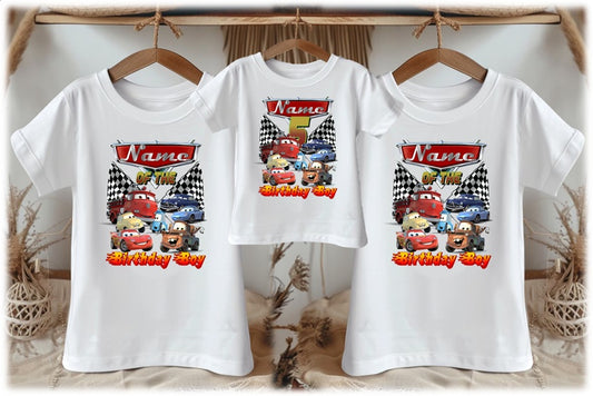 All Sizes Disney Cars Group Custom Personalized Family Birthday Matching White T-Shirt Pack
