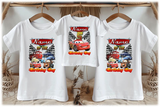 All Sizes Disney Cars Lightning McQueen Custom Personalized Family Birthday Matching White T-Shirt Pack