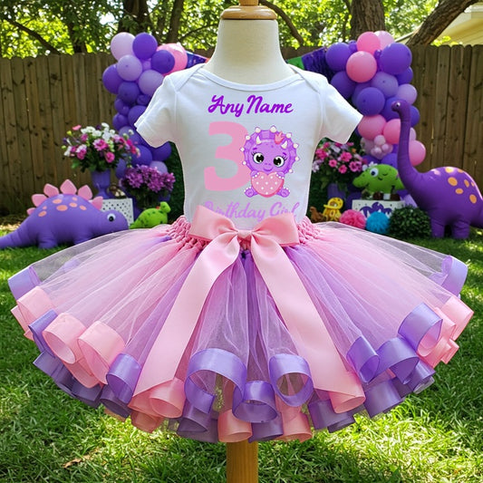 All Sizes Cute Little Purple Dinosaur Custom Personalized Name Birthday Pink Purple Ribbon Sewn Tutu Outfit Set Dress