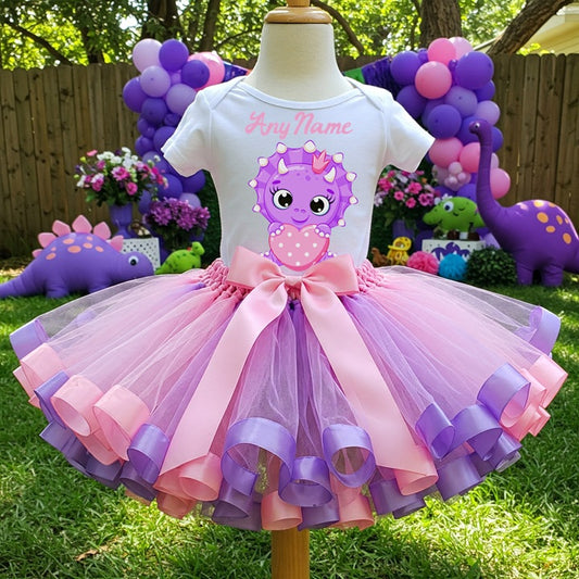 All Sizes Cute Little Purple Dinosaur Custom Personalized Name Pink Purple Ribbon Sewn Tutu Outfit Set Dress