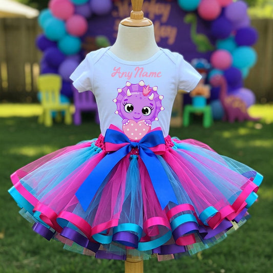 All Sizes Cute Little Purple Dinosaur Custom Personalized Name Pink Blue Purple Ribbon Sewn Tutu Outfit Set Dress