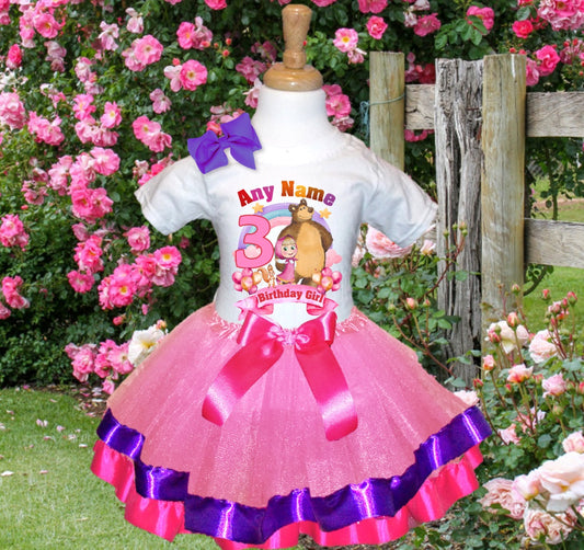 All Sizes Masha and the Bear Custom Personalized Name Birthday Pink Purple Hot Pink Ribbon Trim Tutu Outfit Set Dress