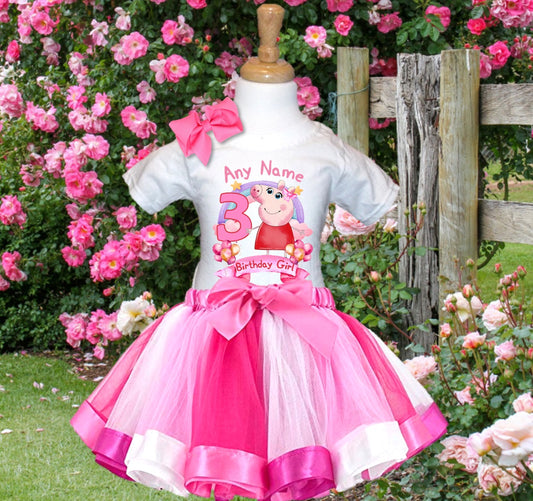 All Sizes Peppa Pig Custom Personalized Name Birthday Pink White Ribbon Tutu Outfit Set Dress