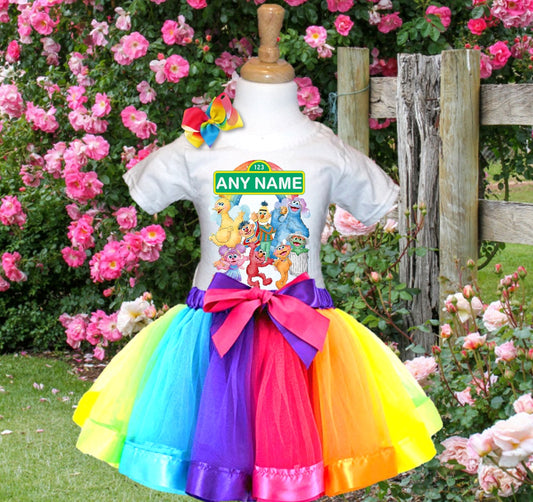 All Sizes Sesame Street Custom Personalized Name Rainbow Ribbon Tutu Outfit Set Dress