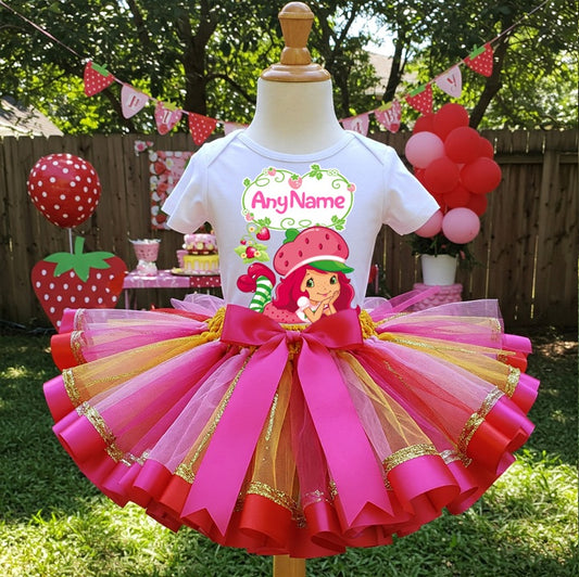 All Sizes Strawberry Shortcake Custom Personalized Name Red Pink Gold Ribbon Sewn Tutu Outfit Set Dress