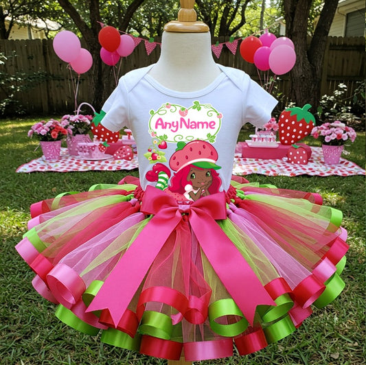All Sizes Strawberry Shortcake Black African American Custom Personalized Name Red Pink Green Ribbon Sewn Tutu Outfit Set Dress