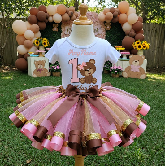 All Sizes Cute Little Teddy Bear Pink Custom Personalized Name Birthday Pink Brown Gold Ribbon Sewn Tutu Outfit Set Dress
