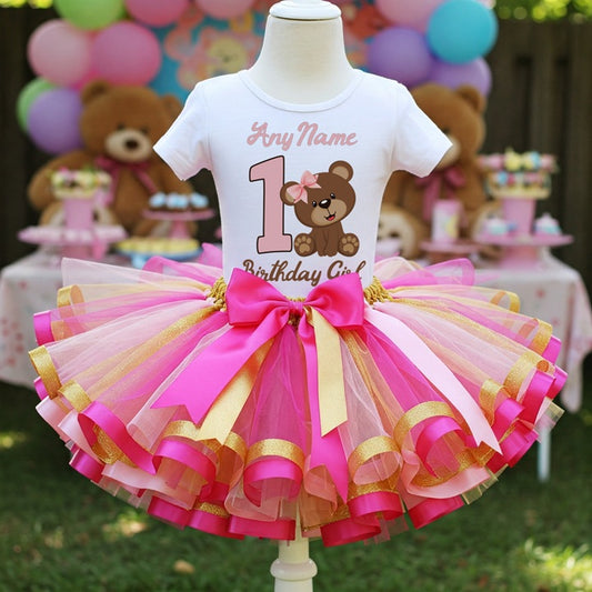 All Sizes Cute Little Teddy Bear Pink Custom Personalized Name Birthday Pink Gold Hot Pink Ribbon Sewn Tutu Outfit Set Dress