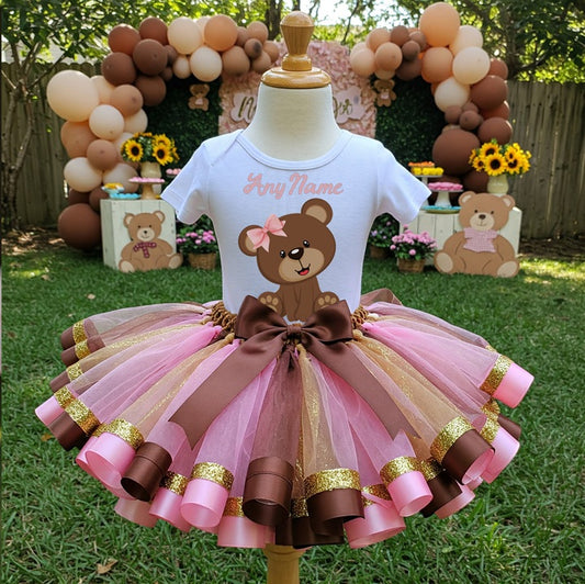 All Sizes Cute Little Teddy Bear Pink Custom Personalized Name Pink Brown Gold Ribbon Sewn Tutu Outfit Set Dress