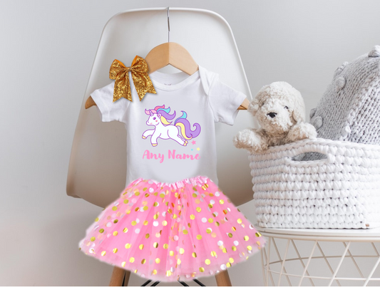 All Sizes Unicorn Custom Personalized Name Gold Dots Light Pink Layered Tutu Outfit Set Dress