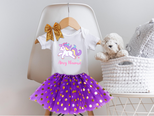 All Sizes Unicorn Custom Personalized Name Gold Dots Purple Layered Tutu Outfit Set Dress