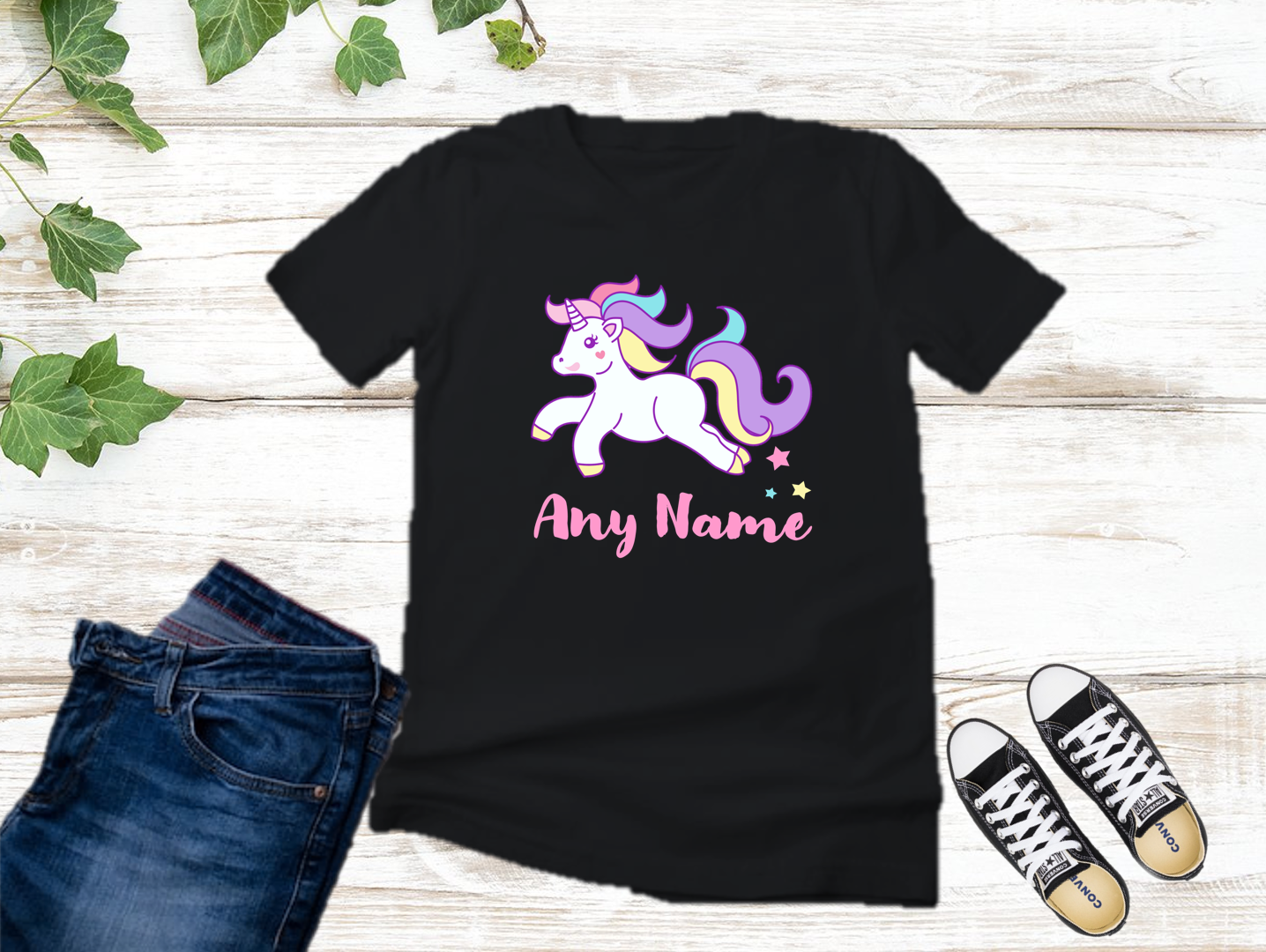 All Sizes Unicorn Custom Personalized Name Black T-Shirt or Baby Onesie