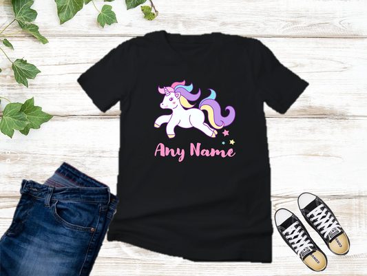 All Sizes Unicorn Custom Personalized Name Black T-Shirt or Baby Onesie