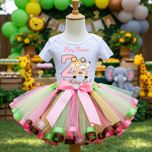 All Sizes Wild One Safari Animals Pink Custom Personalized Name Birthday Pink Brown Green Ribbon Sewn Tutu Outfit Set Dress
