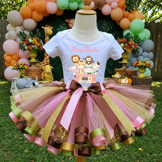 All Sizes Wild One Safari Animals Pink Custom Personalized Name Pink Brown Gold Green Ribbon Sewn Tutu Outfit Set Dress