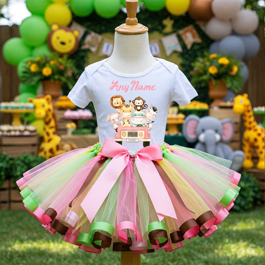All Sizes Wild One Safari Animals Pink Custom Personalized Name Pink Brown Green Ribbon Sewn Tutu Outfit Set Dress
